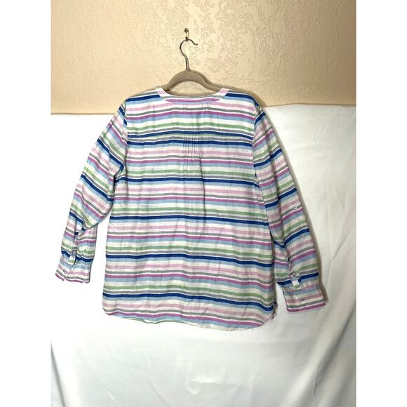 Talbots size XLP shirt pop over 100% linen roll tab sleeve striped multicolor - Picture 2 of 8